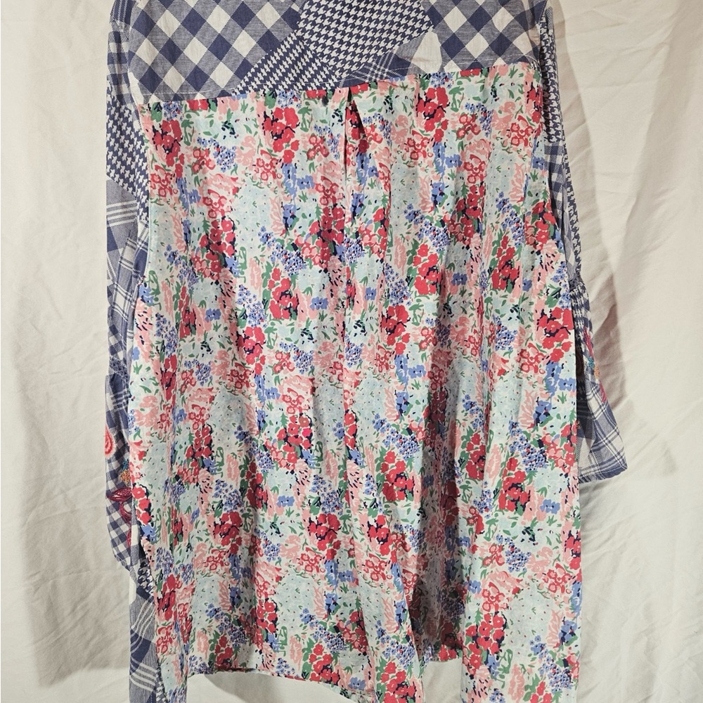 Blue Plaid Button-Down Shirt with Pink Rose Embroidery - Picture 3 of 6